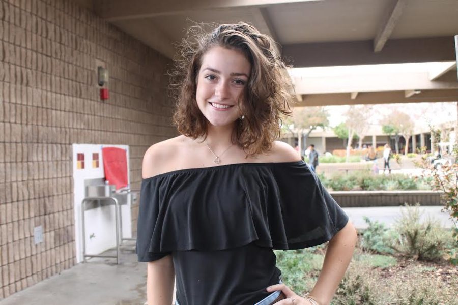 Senior Amanda Dunnuck wearing a recently popularized off-the-shoulder top. 