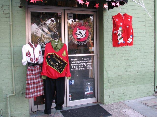 Pay a visit to Downtown Fullertons The Stray Cat for ugly sweaters and other Christmas attire.