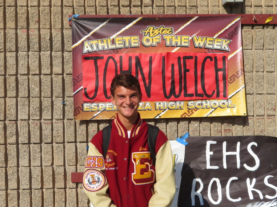 John Welch Captain of the cross country team is seen with a beaming smile after being athlete of the week on October 8th. 