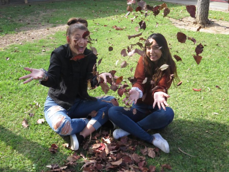 Chloe Masciale and Laila Najem playing around with the fall leaves as they get ready for Thanksgiving break.