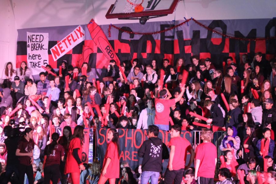 The sophomores go crazy during the clash of classes rally before showing off their class rap.
