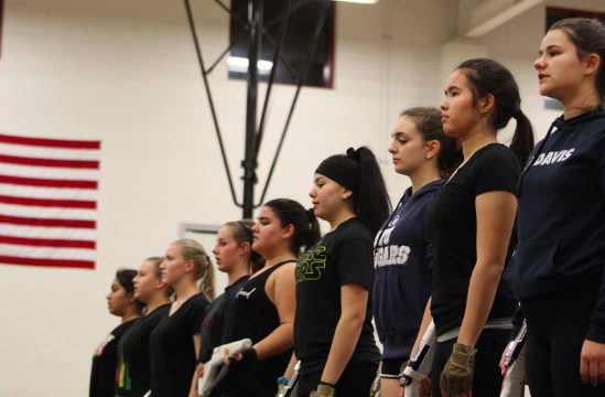 The colorguard team runs through the basic staging of their winterguard show for 2019. 