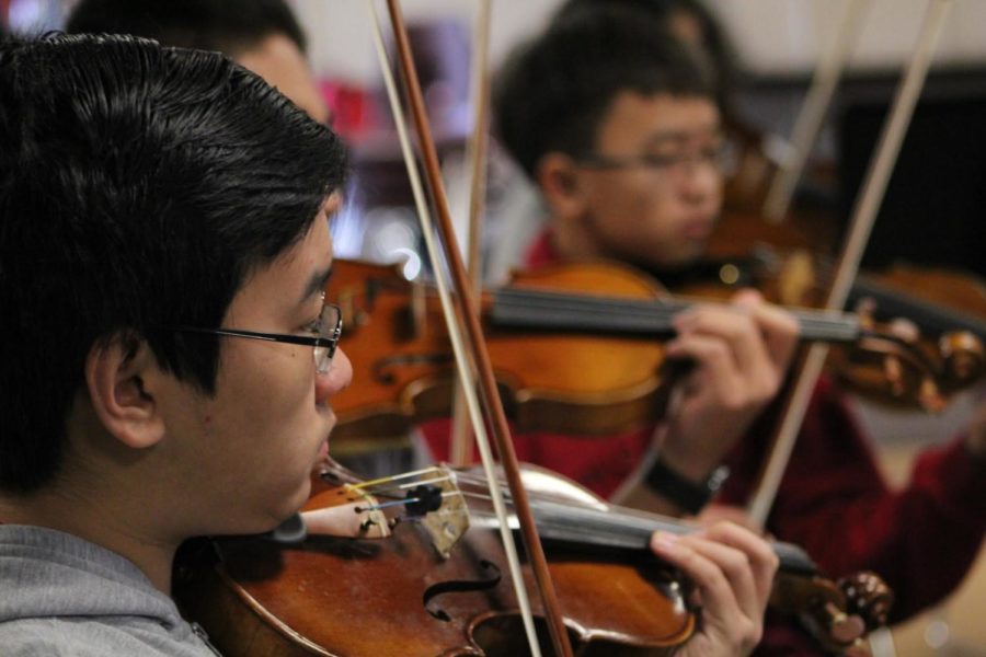 Matthew Lee, sophomore, plays his violin during a song that will be performed at Segerstrom Center on March 9. 